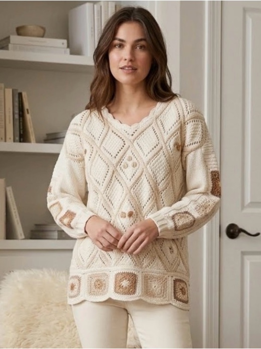 The Limited Cream and Brown Hand Knit Linen Sweater